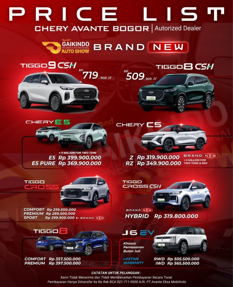 Pricelist Harga Chery cibinong 2025
